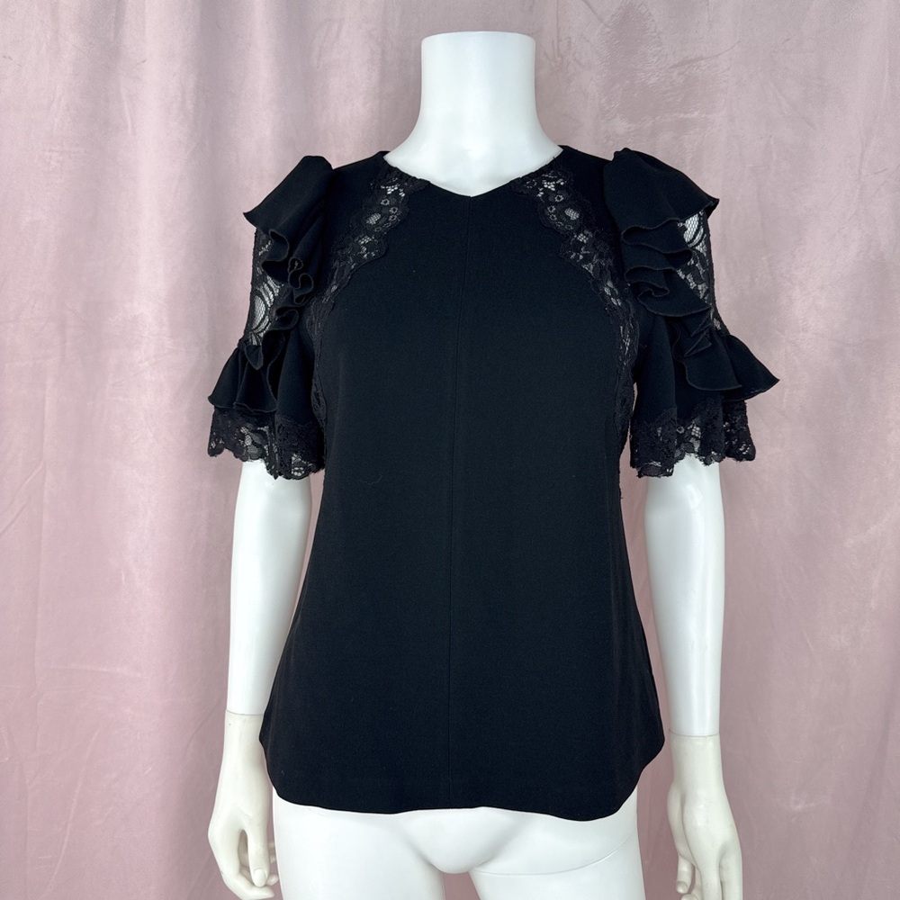 Rebecca Taylor Womens Black Lace Sleeve Top Blouse Size 4 Romantic Workwear